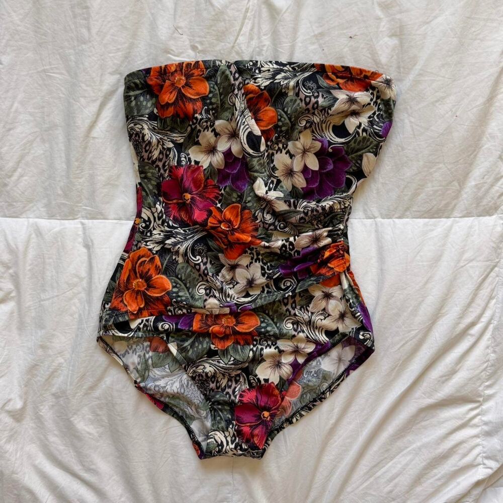 Vintage 90s y2k strapless floral tropical one piece swimsuit‎ size 12 beach